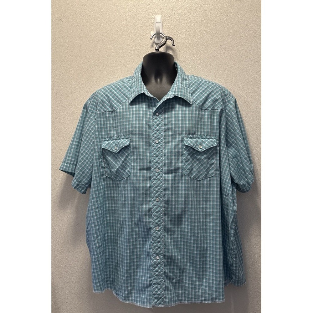 VINTAGE Wrangler‎ Shirt Mens 3X Plaid Turquoise Snap Western Cowboy Adult